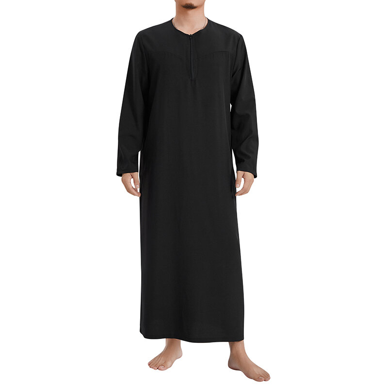 Men V-Neck Linen Robe Roll Up Short Sleeve Solid Long Night Gown Casual Loose Shirt Kaftan Thobe with Pocket