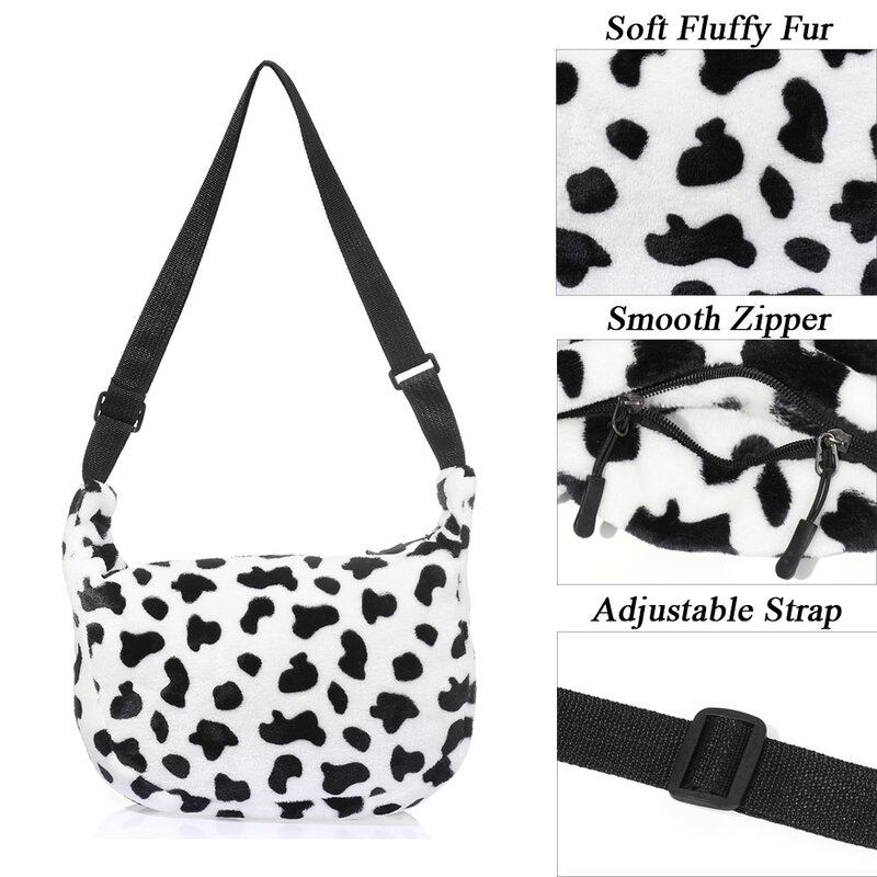 Ladies Cow Fluffy Plush Shoulder Bags Handbags Messenger Bag Crossbody
