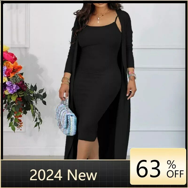 Gaun Slip musim gugur dan mantel set dua potong pakaian wanita 2024 gaun lengan panjang warna polos kasual elegan modis