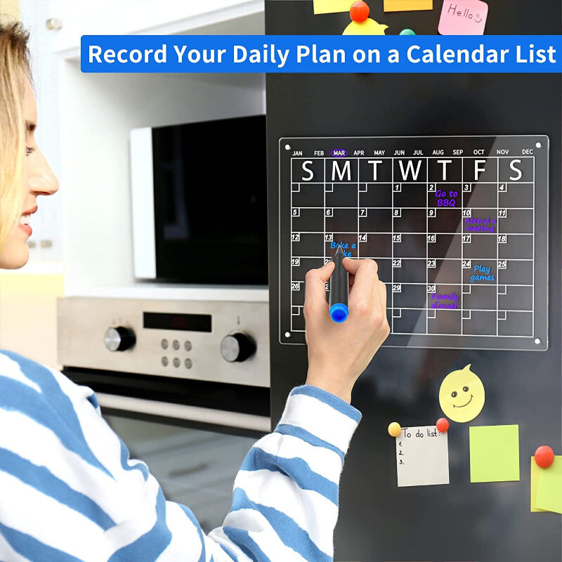 Magnetic Acrylic Calendar for Fridge Monthly & Weekly Clear , Reusable Dry Erase Calendar with Eraser & 4 Color Markers