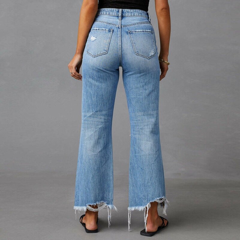 Modne zniszczenia, dziury jeansy z frędzlami o kroju Bootcut damskie codzienne codzienne przycięte spodnie spodnie dżinsowe dojeżdżające do pracy