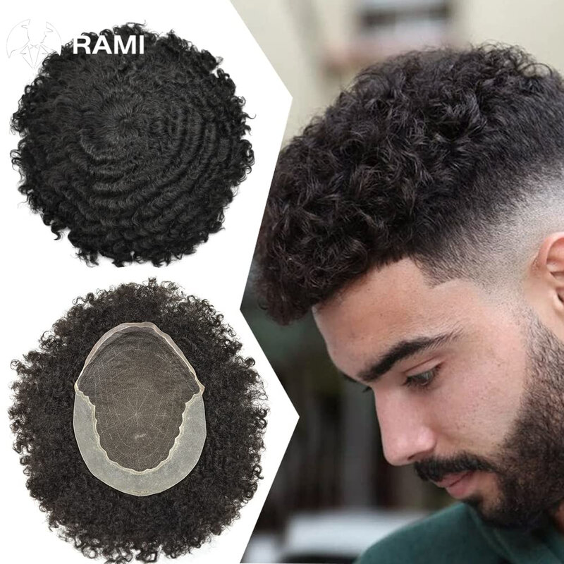 흑인 남성용 곱슬 머리 시스템, 레이스 및 PU 가발, 20mm 곱슬 머리 보형물 가발