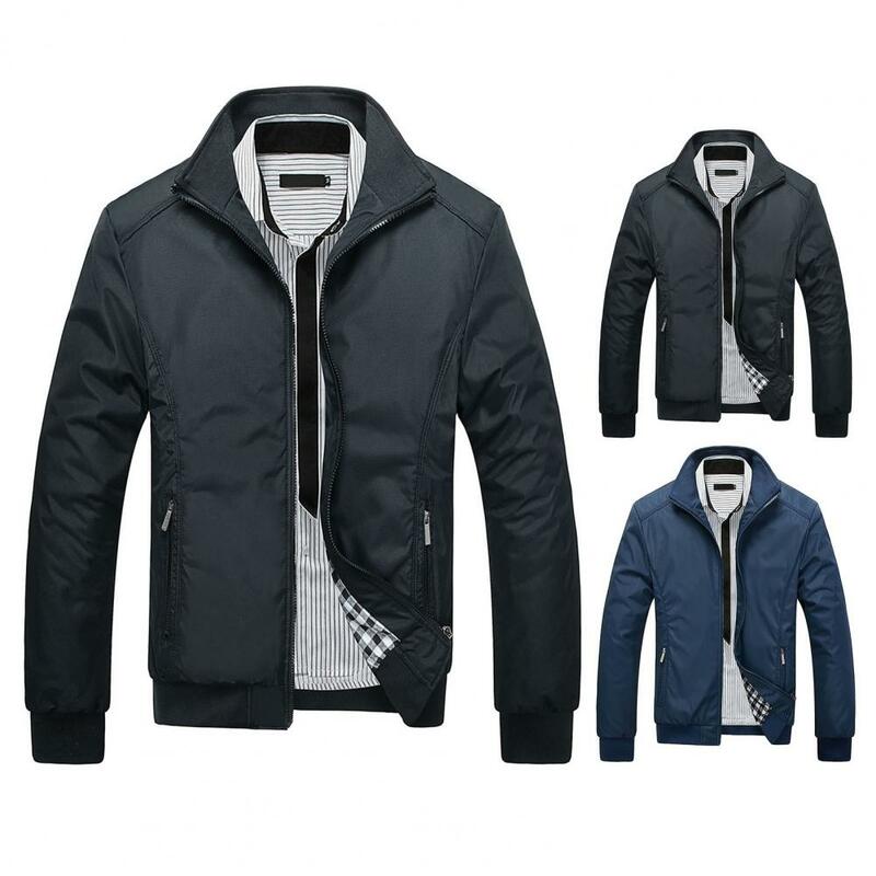 Business Jacket Stylish Men's Business Casual Jacket with Stand Collar Zipper Closure Multiple Pockets Outerwear for Autumn