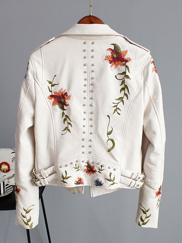 Ly varey lin impressão floral bordado falso jaqueta de couro macio feminino pu motocicleta casaco feminino preto punk zíper rebite outerwear