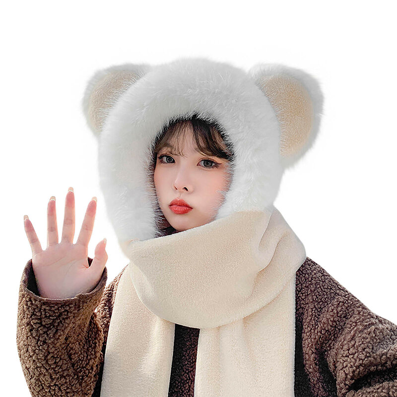 Winter Thickened Bear Hats Scarf All-in-one Female Korean Style Cute Fashion Cycling Ourdoor Warm Gloves Fleece Three-piece Set