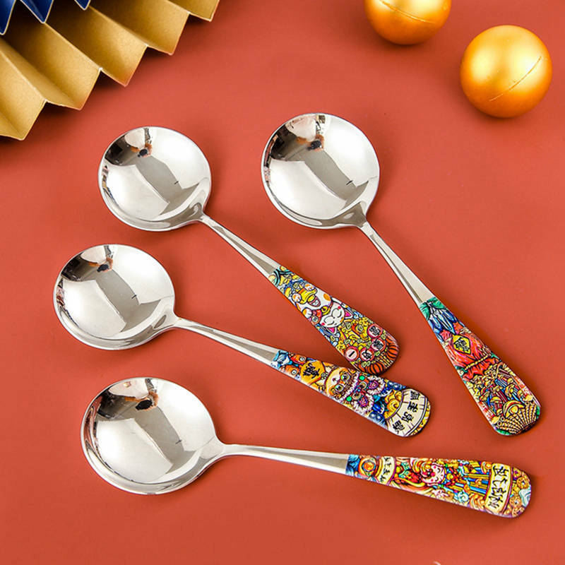 Colored Printed Handle Spoon Stainless Steel Serving Round Shape Coffee Scoop Ice Cream Dessert Tea Spoon Tableware Kitchen Tool