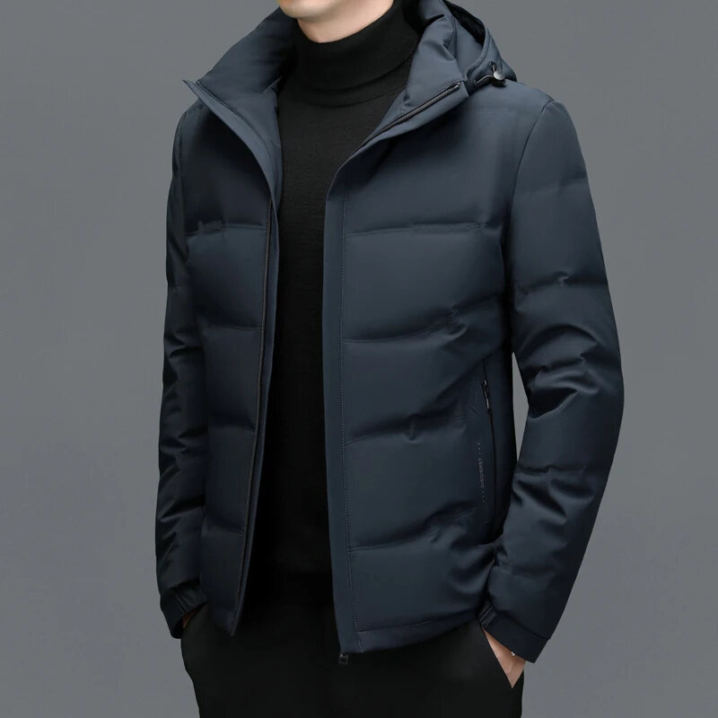 Mantel pendek bertudung untuk pria, YXL-7781 musim dingin, tebal dan hangat menutupi bulu angsa bisnis kasual bertudung bebek putih untuk pria