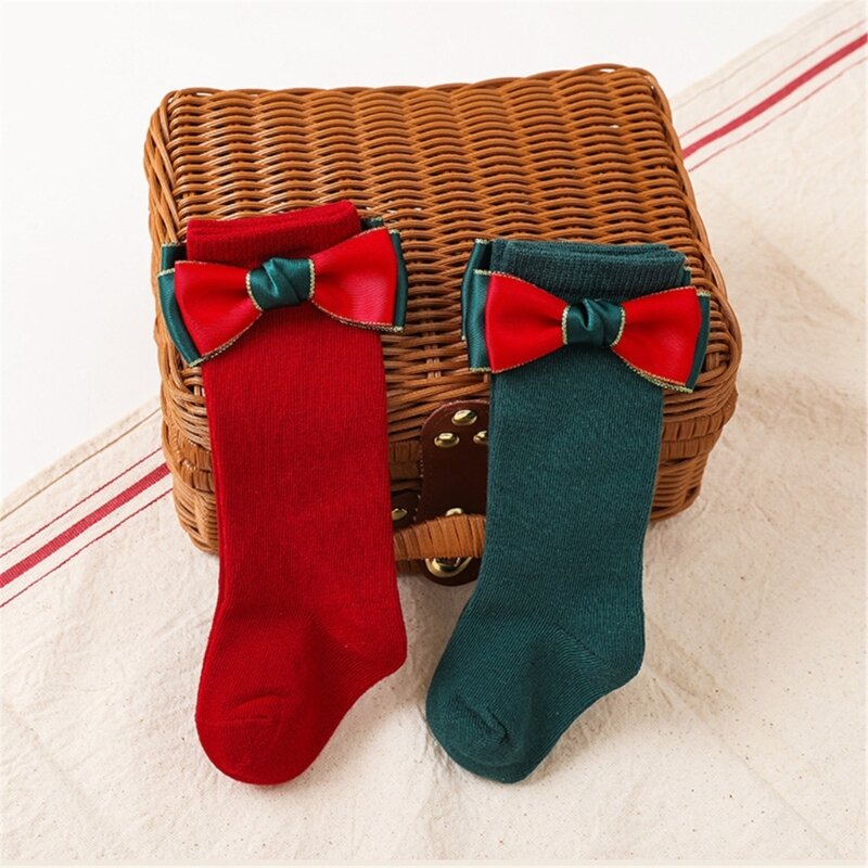 2 Pair Christmas Socks with Bowknot Decoration Solid Color Knee Length Stockings Holiday Party Gift for Baby Girls