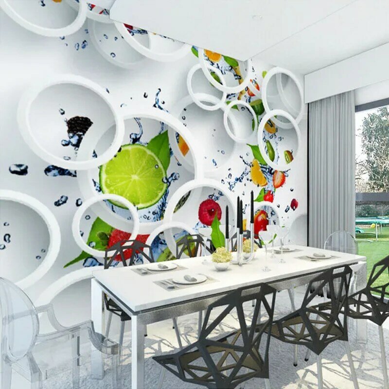 Aangepaste Mural Behang Moderne Abstracte Art 3D Stereoscopische Witte Cirkel Vruchten Grote Muur Schilderen Restaurant Keuken Behang