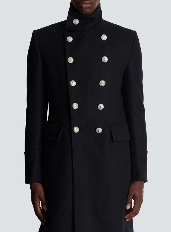Mantel panjang klasik untuk pria, jaket hanya bisnis jaket mantel panjang kancing depan dua baris, mantel wol pas badan warna polos untuk pria