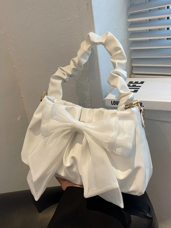 Cute Kawaii Moire Bow Decor Ruched Bag Lightweight Business Casual Bow Decor HandBag For Girls Women Fashionable Shoulder Bag