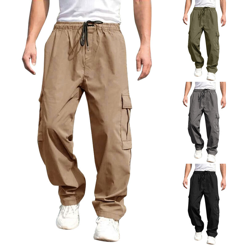 Macacão solto de bolso múltiplo masculino, calça tática militar, elástico na cintura, calça casual para trabalho, esportes ao ar livre, jogging, tamanho grande