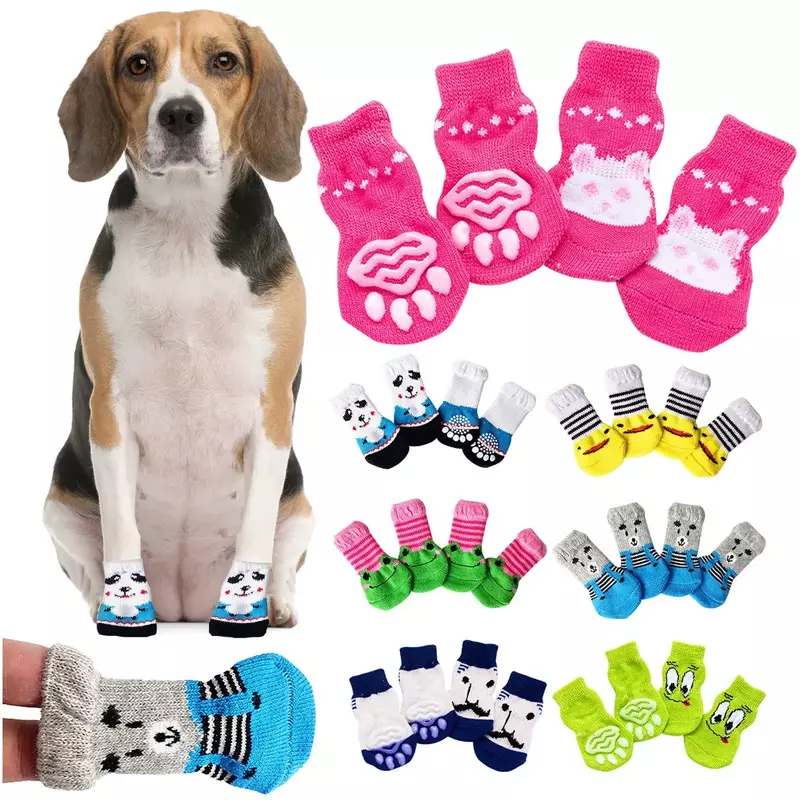 4 pezzi simpatici calzini per cani da compagnia con stampa antiscivolo gatti scarpe per cuccioli prodotti per la protezione della zampa per piccole razze Spitz York cani Chihuahua