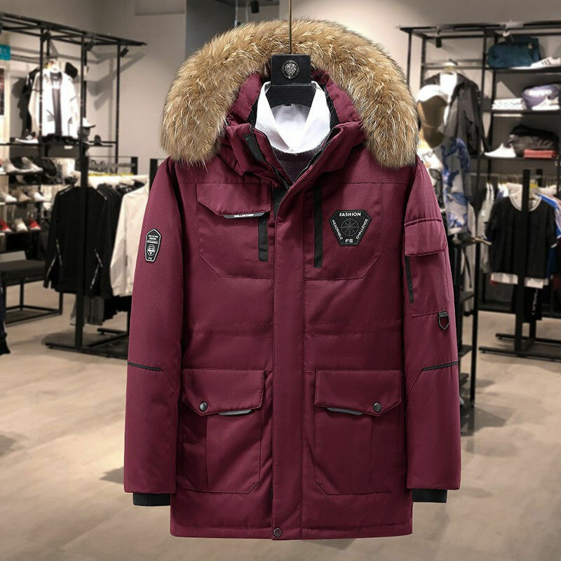 Jaket bertudung untuk pria, jaket hangat kerah bulu angsa kasual musim dingin kualitas luar ruangan tahan angin musim dingin 4