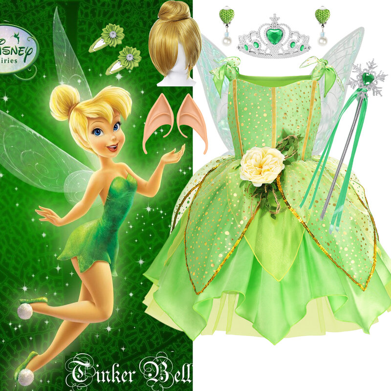 Disney-Robe Tutu Clochette pour Bol, Costume de Princesse Elfe, Aile de Papillon, Vert, Fantaisie, Carnaval, ix, Robe de Bal, Vêtements