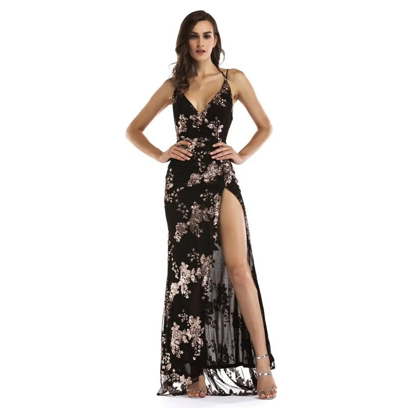 Deep V-neck Sequin Party Dresses For Women High Split Spaghetti Strap Long Gowns Women Evening Dress