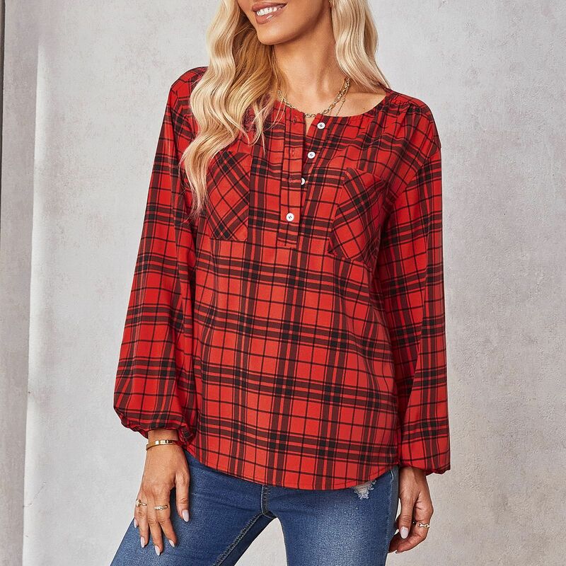Autumn New Women's Clothing Fashion Plaid Pullover Round Neck Long Garment Sleeve Button Printed Shirt