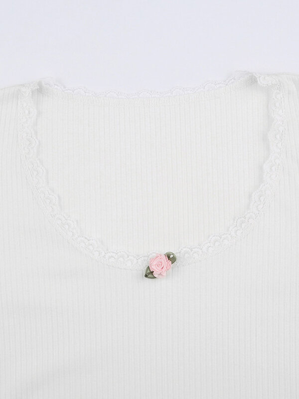 Y2k Floral Lace Trim Crop Top White Knitted Slim O Neck Basic Casual T Shirt Women Chic Vintage Full Sleeve Harajuku Tee Autumn