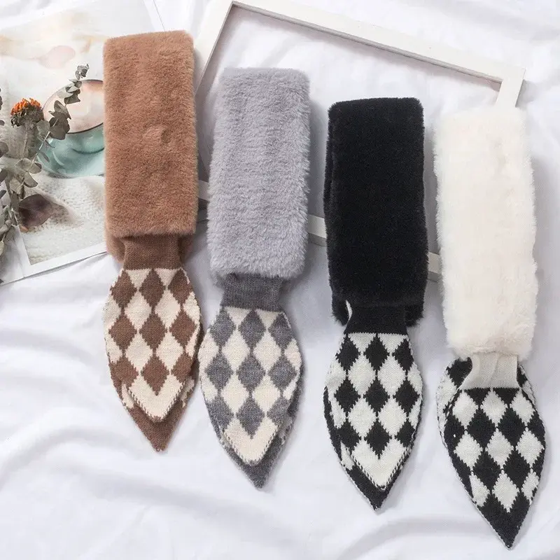 Autumn and Winter Warmth Thick Knitted Fishtail Stitching Plush Collar Ladies Solid Color Wild Windproof Neck Soft Accessories