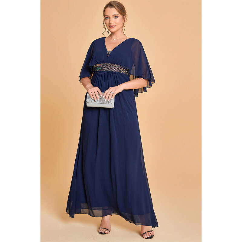 Plus Size Mother Of The Bride Navy Blue Chiffon Cape Sleeve V-neck Decorative Sequin Fold Tunic Maxi Dress