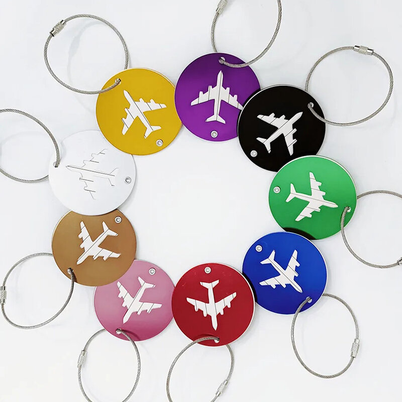 Étiquettes à bagages rondes en alliage d'aluminium pour avion, accessoires de voyage pour femmes ou hommes, étiquette de carte d'identité nominative pour valise et bagages