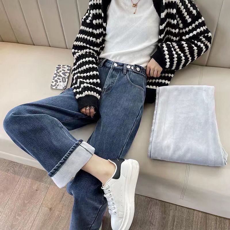 Celana Jeans wanita Korea empuk, CELANA Jin kaki lebar tebal hangat untuk wanita seret tirai lurus luar ruangan 2023