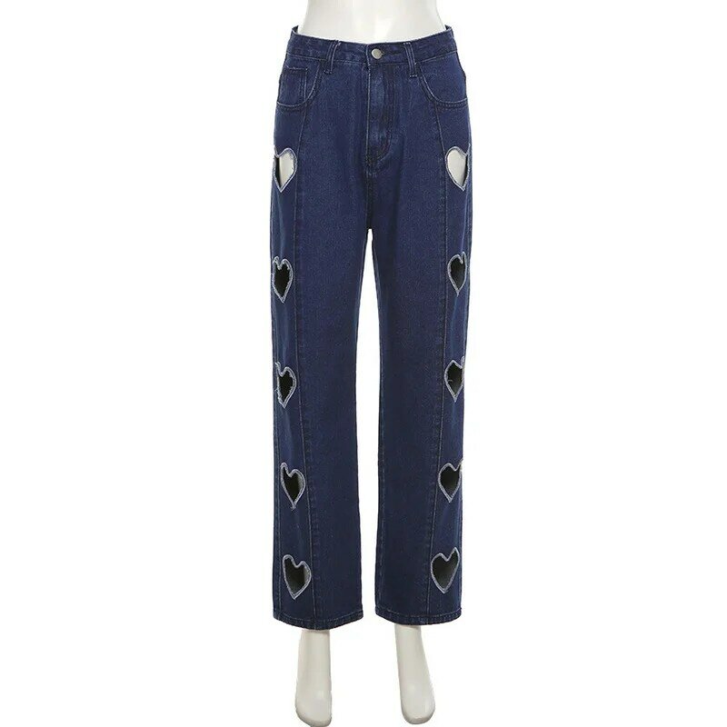 Y 2K Hartvormige Hoge Taille Met Rechte Pijpen Uitgesneden Gescheurde Jeans Voor Dames Koreaanse Slim-Fit Broek Casual Broek Streetwear Zomer