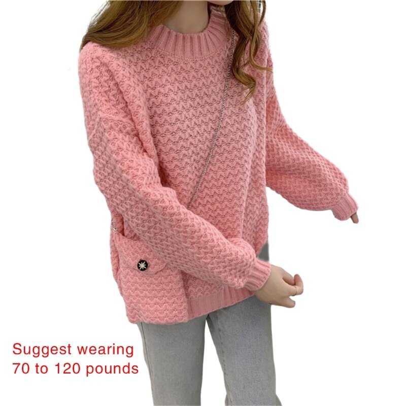 Женский осенний вязаный свитер с длинным рукавом и круглым вырезом, однотонный свободный пуловер, топ, Прямая поставка