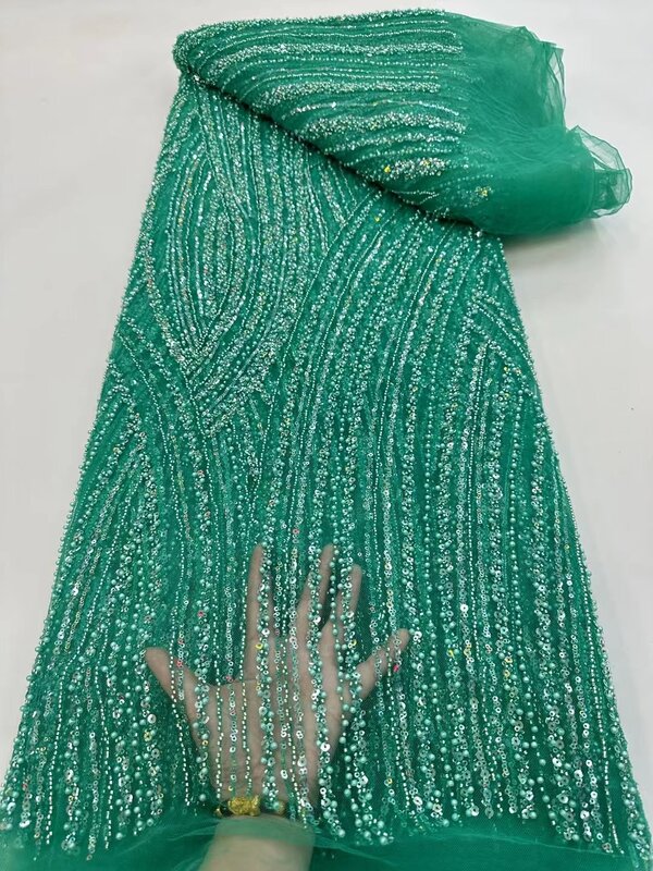 Tecido de renda do noivo nigeriano africano com lantejoulas tule para mulheres, vestidos de noite, tecidos franceses, pano de costura, 2023
