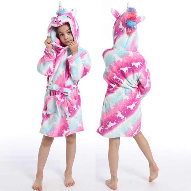 Hooded Children Bathrobes Baby Rainbow Bath Robe Animal For Boys Girls Winter Pyjamas Nightgown Kids Sleepwear 3-11Y
