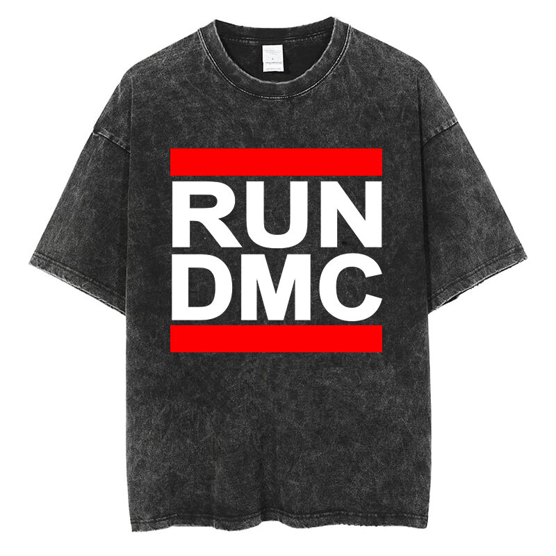 เสื้อยืดลายการ์ตูนวิ่ง DMC กราฟิกผ้าฝ้ายที่มีคุณภาพเสื้อยืดแขนสั้นโอเวอร์ไซส์แนววินเทจเสื้อลำลองผู้ชายแขนยาวแฟชั่นฮิปฮอปผู้ชายผู้หญิง