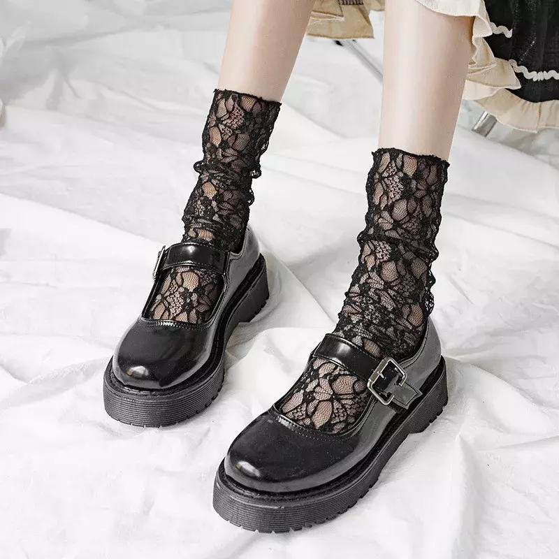 Женские носки в стиле "Лолита", черные, белые кружевные носки, прозрачные короткие носки с цветочным рисунком, сетчатые ажурные носки, милые ...