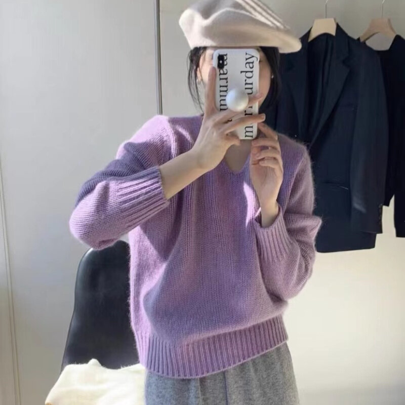 Suéter holgado de manga larga con cuello en V para mujer, Top versátil de Color sólido, moda coreana, otoño e invierno, 2023