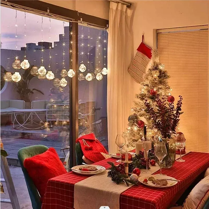 Papai Noel LED String Lights, Luzes de cortina de Natal, Desejando bola, Adequado para casa, Quarto, Decoração de janela