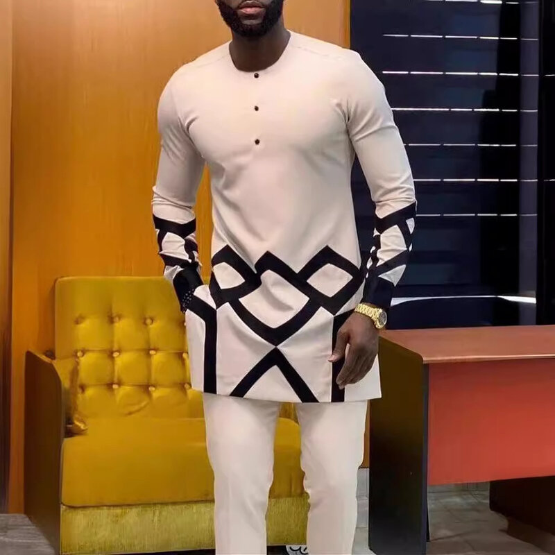Men's fashion casual beige geometric print suit