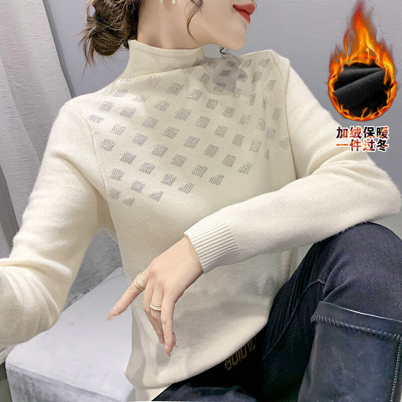 MadBlack European Clothes Sweater Women Mock Neck Diamonds Thicken Fleece Slim Tops Long Sleeve Pullover Autumn Winter T30435JM