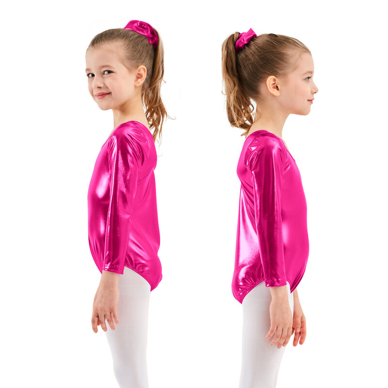 AOYLISEY Ballet Dance Shinny Metallic Leotards for Girls Gymnastics Bodysuit Long Sleeve Gold Rombers Spandex Costume Kids Wear