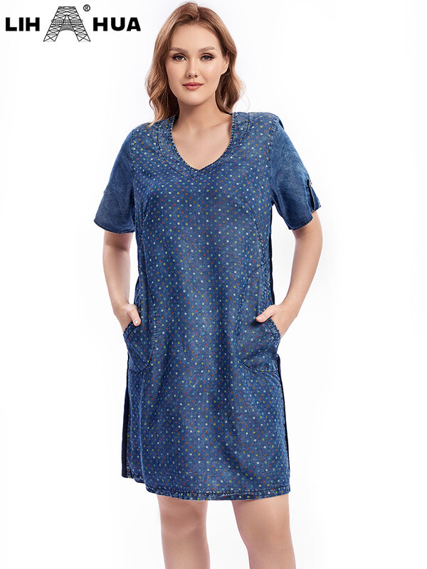 Женское джинсовое платье LIH HUA, Осенние шикарные элегантные платья для полных женщин, Тканое Хлопковое платье