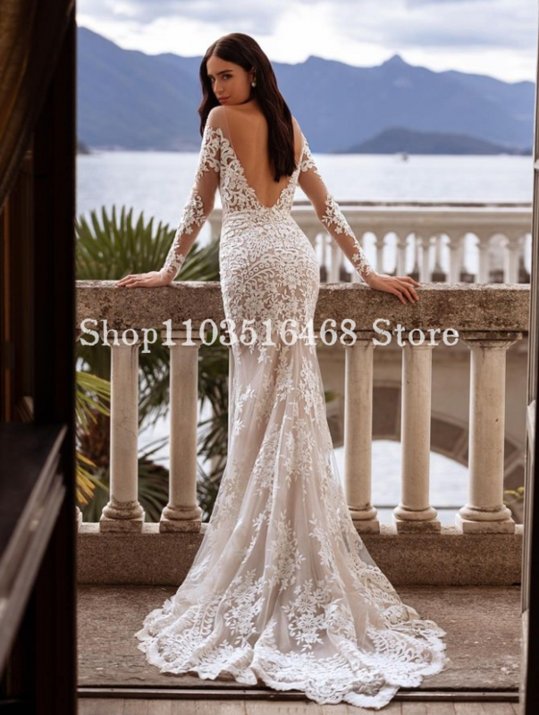 Elegantes Meerjungfrau Brautkleid 2024 Luxus weiße Langarm Applikation schiere mit gemessenen Zug formale Hochzeit Roben de Soirée