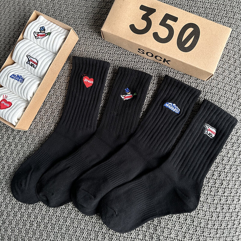 Men's Socks Gift Box Spring Summer 4Pairs/Box Fashion Embroidery Free Shipping Items for Men Funny Gifts Black Middle Tube Socks