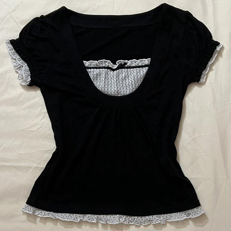 Korean Kawaii Patchwork Women T-shirt Y2K Aesthetic Vintage Milkmaid Top Fairycore Grunge Square Collar Short Sleeve Crop Top