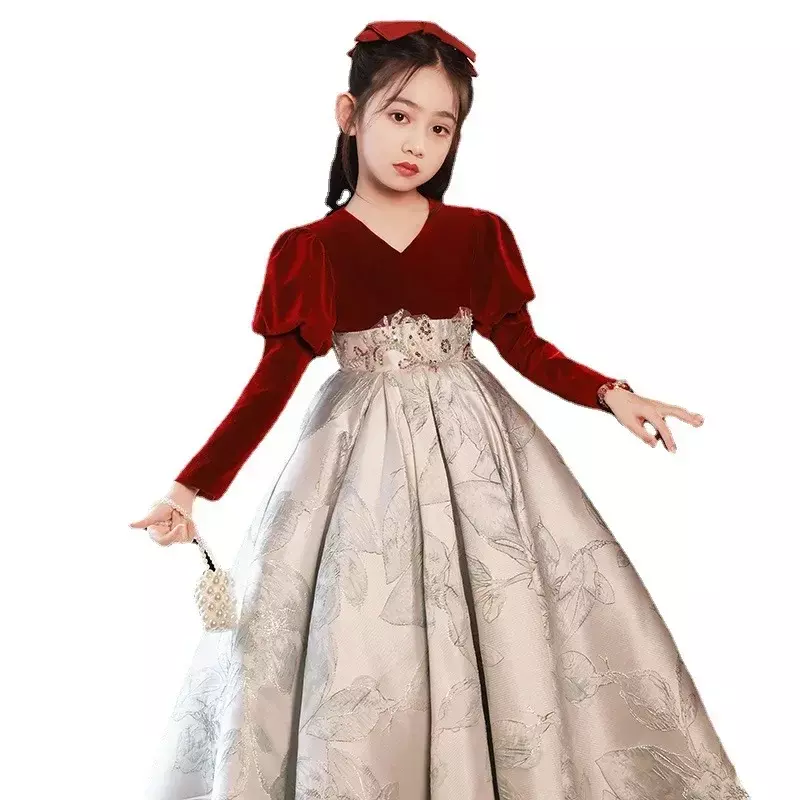 Spettacolo di pianoforte per ragazze 2024 primavera New Walk Show abito per bambini a maniche lunghe Red Escape Princess Series
