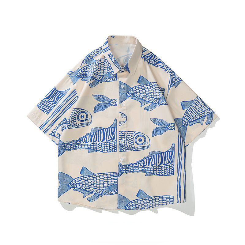 Мужская Повседневная рубашка, летняя рубашка оверсайз в американском стиле с принтом в виде маленькой рыбы, 2023