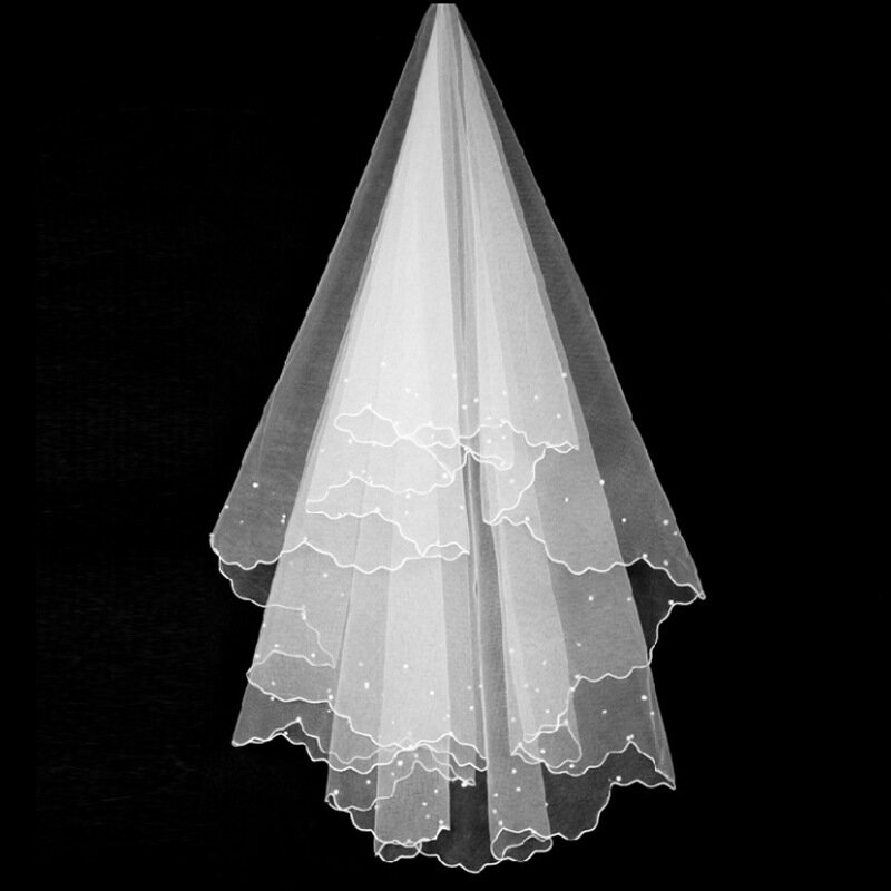 حجاب شاش من طبقة واحدة لحفلات الزفاف ، لؤلؤ لاصق ، أبيض