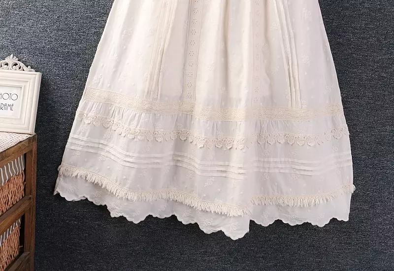 Spring Summer Japan Style Mori Girl Lace Solid Color Elastic Waist Cotton and Linen Loose Skirt For Women