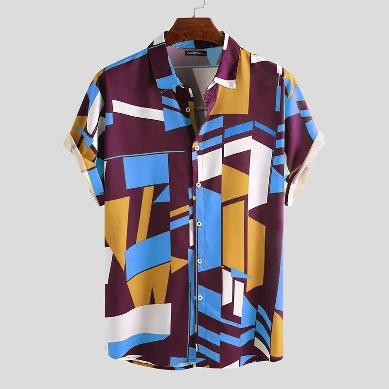 Summer Men's Shirts Hawaiian Blouses Stripe Print 2024 New Short Sleeve Single Breasted Oversized Tops Camisa Clothing Tee Shirt