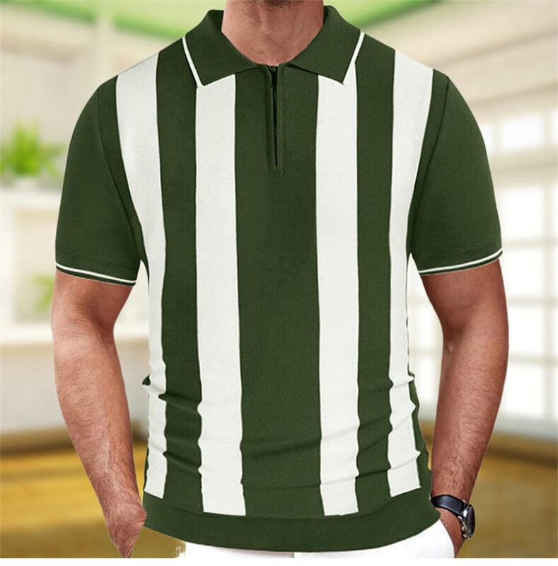 Patchworkowa męska koszulka Polo z krótkimi rękawami z kołnierzykiem bluzki z dzianiny lato T-Shirt z zamkiem błyskawicznym w paski w stylu Streetwear męska dzianina