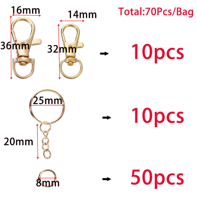 70 buah/set kait Snap putar dan cincin kunci dengan konektor cincin lompat rantai untuk gantungan kunci DIY Lanyard pembuatan perhiasan perlengkapan