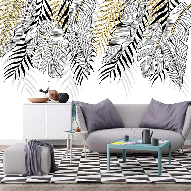 Papel de parede com foto personalizada, papel de parede moderno pintado à mão com folhas para sala de estar, sofá, plano de fundo de tv, quarto, decoração de casa em 3d