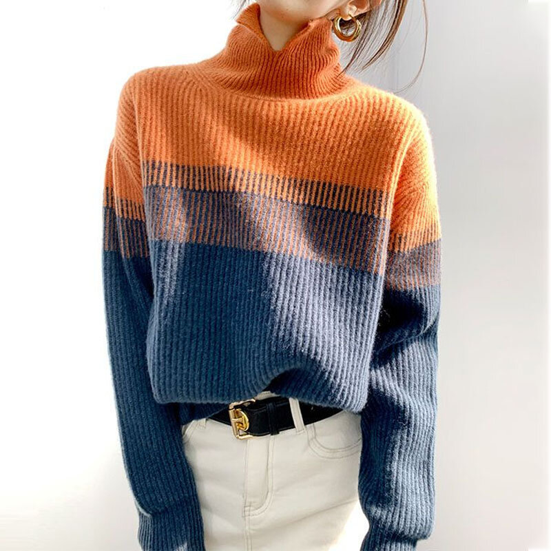 한국 패션 대비색 패치워크 스웨터, 여성 의류, 가을 겨울 캐주얼 빈티지 터틀넥 니트 점퍼